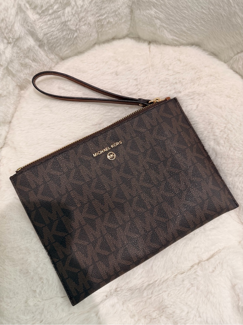 Michael Kors Dark Brown Logo Wristlet Clutch with Gold Hardware